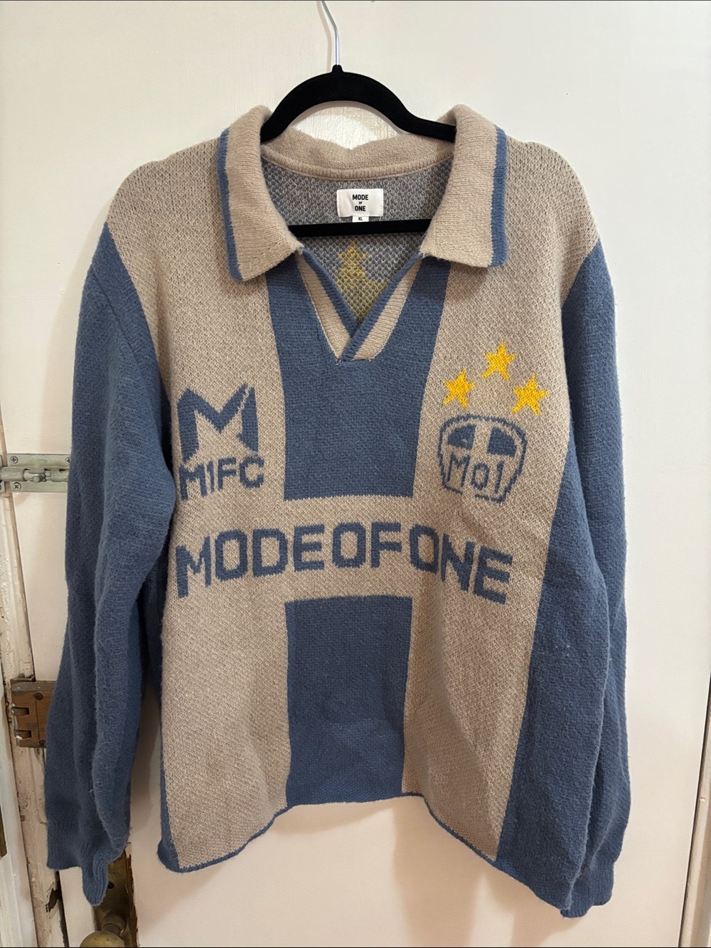 Men’s V-Neck Polo Sweater in Dusty Blue and Beige